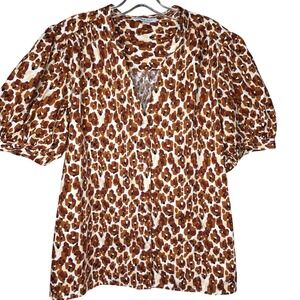 Nine West Blouse 2XL-women 100% cotton‎ Brown Leopard Print Short Puff Sleeves